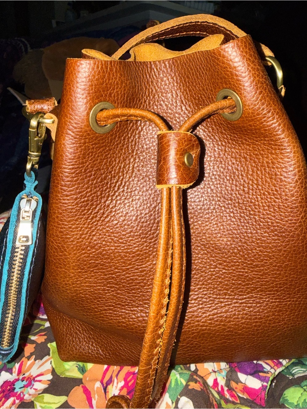 Textured Leather Drawstring Shoulder Bag in Cognac Brown